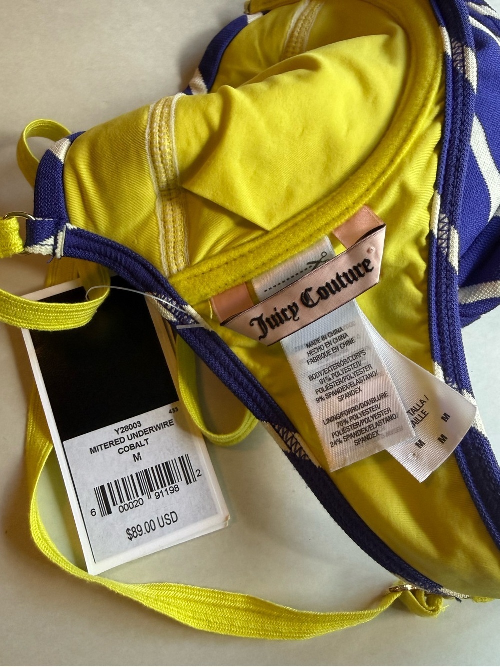 Juicy Couture Nautical Striped Bikini Set Contrasting Neon Yellow Straps Medium - Picture 2 of 7